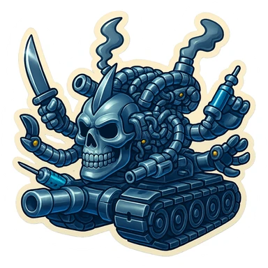 Create a skull robot tank with 4 distinct appendages, each holding a different weapon: an industrial blade, a blaster, a syringe, and a claw. The metal should be shiny silver-grey, not too dark, with clear mechanical detail and compact proportions. The style is retro stickers with a clean outline and transparent background. sticker