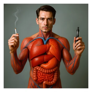 Hyperrealistic 4K vertical 9:16 medical illustration, realistic human anatomical body, inflamed liver and intestines highlighted, man holding a lit cigarette in the right hand and an electronic cigarette in the left, style identical to the reference image. sticker