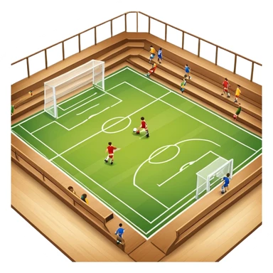 A mini-football match in an indoor sports hall with a wooden floor and clear court markings. The scene captures players in action, with the ball moving towards the goal, and the surrounding bleachers and overhead lights adding to the atmosphere of a competitive game. sticker