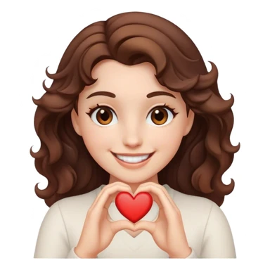 White women in a wavy hair brown and black eyes smiling and making a heart sticker