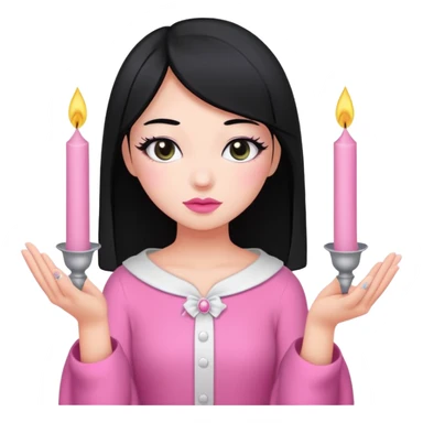 A gurl with black hair pink cloth make up holding a white candle sticker