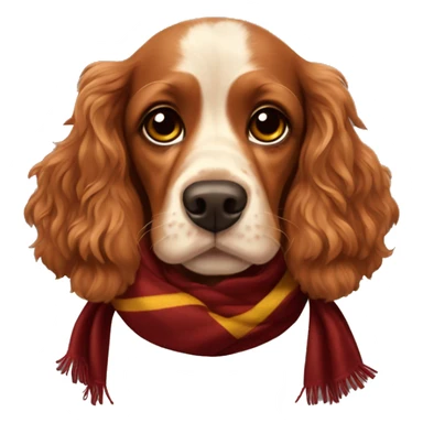 red dog Cocker Spaniel with brown nose and brown eyes in scarf of Gryffindor faculty sticker