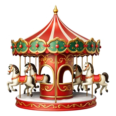 Apple iOS style 3D emoji icon of a vintage Moscow Christmas carousel.
Round ornate roof with red and gold patterns, miniature horses, decorated with glowing warm light garlands and light dusting of snow. Smooth glossy plastic texture, high-end 3D render, vibrant festive colors, resolution. sticker