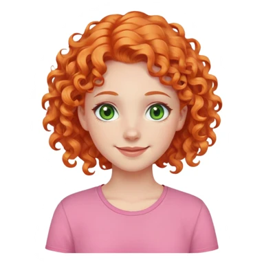 smiling pale girl with curly orange hair, green eyes, pink shirt sticker