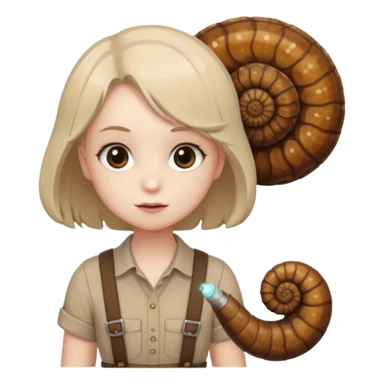 Shelly has a small, chibi-style body with a large ammonite-shaped head that looks like a beige fossil shell. One side of her head has a dark opening, making it clear she isn’t human. Her face is simple and soft, with big round eyes. She wears a brown suspender outfit over a lighter shirt sticker