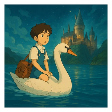 The same anime boy character from the reference image, in Studio Ghibli style, riding a large swan over water. In the far distance, Hogwarts, a magical school, is visible as his destination. Magical, whimsical atmosphere, detailed background. sticker