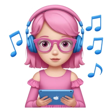 Little girl with headphones when pink eyes and pink iPad and pink dreamy background and rose colored glasses and blue music notes around her and pink dress sticker