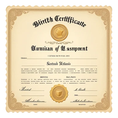 Birth certificate document with name, date of birth, and official seal sticker
