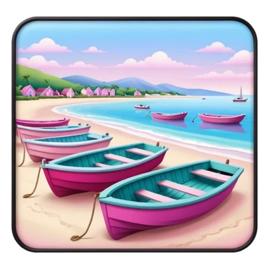 soft aesthetic coastal vibe with small boats, wooden docks, gentle waves, beach area, no industrial elements, only pink tones from pastel to vibrant fuchsia, soft shadows, rounded edges, in Apple iOS emoji style sticker