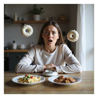 adult woman, photorealistic, yo-yo diet effects, sitting at table with plates of healthy food and sweets, frustrated expression, scale with changing numbers, natural light, kitchen background sticker