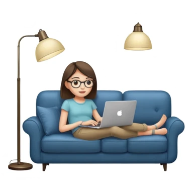 A girl is working with a laptop while lying on a sofa, with a floor lamp to the right. sticker