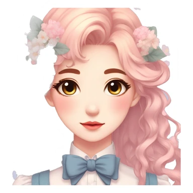 Gorgeous pastel anime style lady with blushing face and flowers and laces and bow ties and pretty hair aesthetic trending style sticker