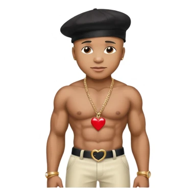 LL Cool J with black hat, metallic ivory pants, shirtless with necklace with red heart sticker