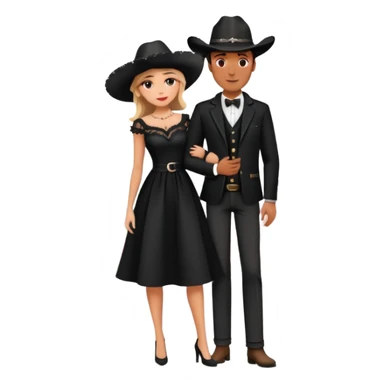 couple in front of Eiffel Tower, man in black cowboy hat, woman in elegant Parisian style dress with out hat, pink flowers around and Eiffel Tower in the background  sticker