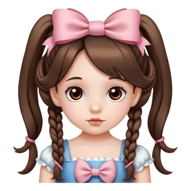 niña pequeña, muy bonita, de piel blanca, con cabello largo y dos coletas con lazo coquette cada una, con ojos marrones  sticker