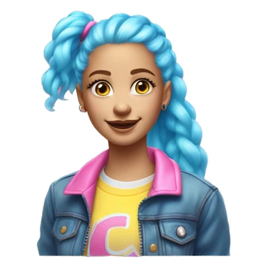 happy white girl with fluffy waist length neon pink hair, a half up half down hairstyle with two pigtails, side-swept bangs, blue eyes, a pastel yellow t-shirt and a translucent holographic varsity jacket sticker