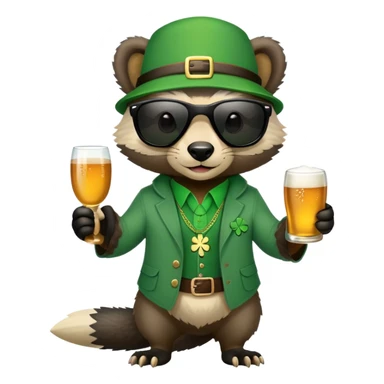 friendly anthropomorphised honey badger in a casual green-themed outfit with St. Patrick's Day accessories, wearing sunglasses sticker