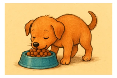 Make the dog a cute puppy eating dog food, keep the same style as the original image. sticker