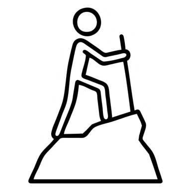 Replace the outlined person with a true stick figure composed of simple lines for body, arms, and legs, and a circle for the head. The stick figure is on a rocky cliff peak, holding a hiking stick. Keep the icon style with clear and minimal lines. sticker