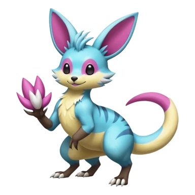 realistic Shiny smooth silky soft Cyan-Yellowish-Magenta Minccino-Zeraora-Emolga-Vernid-Sergal-fusion-hybrid-animal-creature, full body sticker