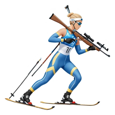 An icon featuring snow-covered trees, distant mountains, and a clear blue sky with a biathlete in motion, holding a rifle and skiing across a snowy course. Transparent background highlights the precision, endurance, and excitement of biathlon. sticker