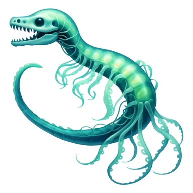 A phosphorescent deep-sea serpent with translucent scales that reveal its glowing skeleton, possessing both jellyfish-like tendrils and the ability to generate electrical pulses that illuminate the ocean depths. sticker