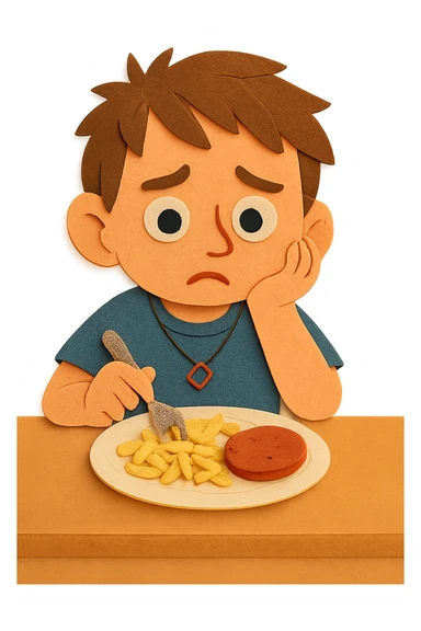 Now he looks slightly worried — he was told that if he doesn't eat protein, he might not grow up. sticker