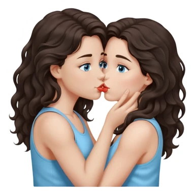 A girl with long, dark brown, wavy hair, grey-blue eyes, and a light blue tank top gives a kiss  sticker