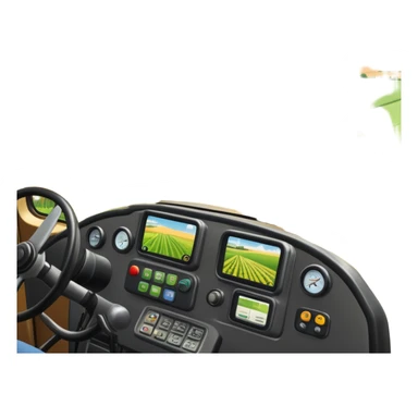 a view from the tractor cabin, with the dashboard in focus, overlooking a vibrant rural landscape. Inspired by Farming Simulator 22, the scene includes fields, crops, and distant barns under a bright sky. The design highlights the immersive experience of farm management. transparent background sticker