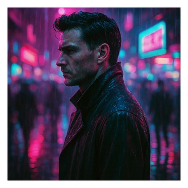 cyberpunk portrait of a man in a rain-soaked trench coat, neon-lit city at night, side profile, serious expression, neon reflections on wet pavement, vibrant magenta and cyan lighting, motion blur of crowd, shallow depth of field, Blade Runner style, analog film grain, chromatic aberration sticker