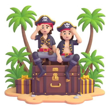 kid pirate with hand on forehead looking for something, one foot on treasure chest, palm trees in background sticker