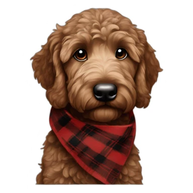 Dark Chocolate brown colored golden doodle with a red and black flannel hankerchief sticker