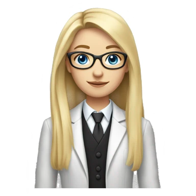A girl with long blond hair, blue eyes, fair skin, glasses, in a black suit sticker