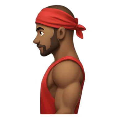 muscular man in red bandana standing sideways turns his head to face the viewer,his hand is bent in the elbow,torso sticker