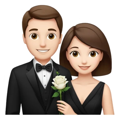 smiling couple in formal attire with white rose boutonnière sticker