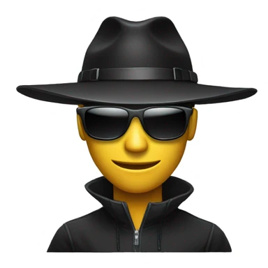 black hat hacker with bla sunglasses behind a computer sticker