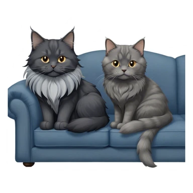 Portrait of a black smoke Maine Coon cat with long grey ear tufts, alongside a British Shorthair cat with a solid blue coat on sofa. Both cats with detailed fur textures and playful expressions. Soft, elegant background of room with warm, natural tones. Transparent background. sticker