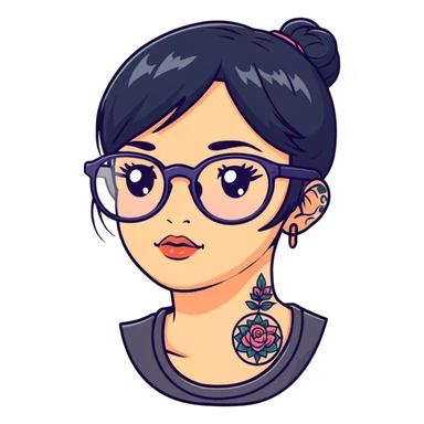 young girl with face tattoos wearing glasses and black hair sticker
