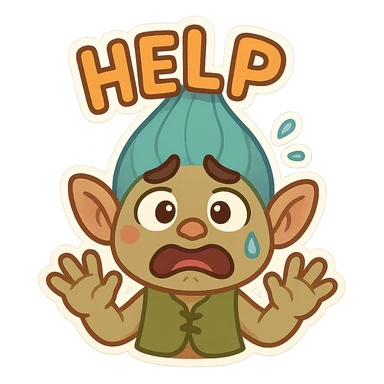 animated emoji of a worried troll character seeking help, expressive face, hands raised, cartoon style, colorful and playful sticker