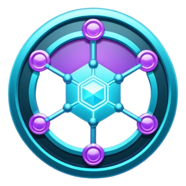 Futuristic blockchain node badge icon, circular emblem with interconnected glowing nodes, all nodes softly illuminated, neon cyan and violet gradient, sci-fi web3 game UI style, metallic rim, dark background, 3D polished game asset, sharp and high detail, centered composition sticker