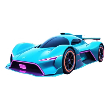 A futuristic racing car with glowing neon lights, sleek aerodynamic design, and a cyberpunk cityscape in the background. The car is speeding through a neon-lit street with high-tech buildings and holograms." sticker