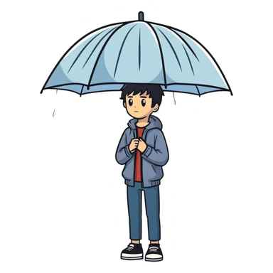 Anime-style teenage boy with dark hair standing in the rain, looking melancholic sticker