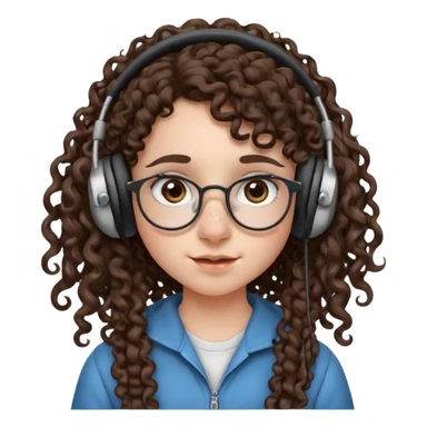 brunette kid with unique face features and very curly long hair kid girl neutral and very big nose and ears and dark eyes with freckles kind of nerd looking and headphone wearing no glassess just nose piercing very big one and evebrow piercing sticker