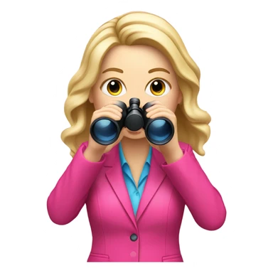 white female employee with loose blonde hair wearing intensive color pink suit looking in binoculars sticker