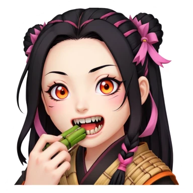 Nezuko from Demon Slayer biting down on bamboo muzzle with teeth visible, pink eyes and black hair with orange tips sticker