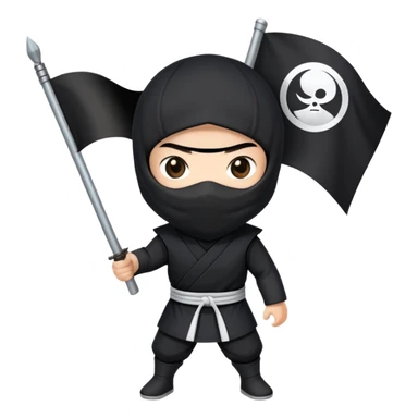 A ninja with black clothes holding a black flag with a white circle in the middle of the flag sticker