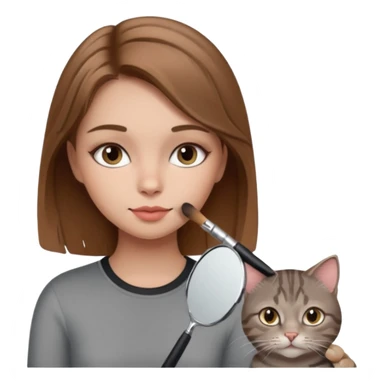 A image of a girl with light brown hair doing her makeup with her grey tabby cat sticker