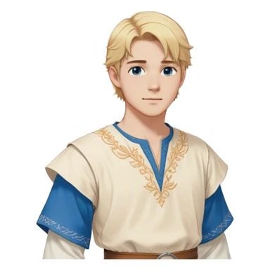 Medieval summer outfit worn by a DnD themed fantasy male character. Light cotton tunic in natural cream color with short sleeves, embroidered with simple floral patterns at the hem, paired with a thin leather belt. Clothes only above the waist, full waist coverage. The character has no arms. Character is white-skinned with golden blonde hair styled in a classic page-cut that falls just above the ears, slightly longer in the back, bright blue eyes, and youthful features. sticker