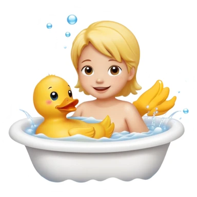 child splashing in a bathtub with rubber duck and bubbles, happy face sticker