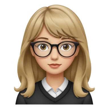 Uma garota de cabelo ondulado loiro escuro,mas com franja lisa e olhos pretos,usa óculos e a cor de pele branca,e o cabelo LONGO sticker